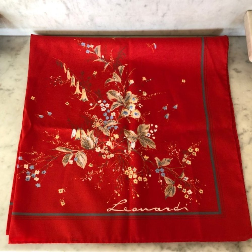 LEONARD Red Floral Square Scarf Vintage